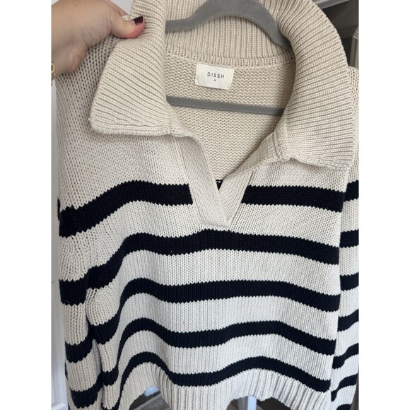 Dissh Knit Sweater Stripped Beige Black Medium Womens Merino Wool Blend - Picture 5 of 6